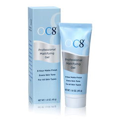 OC8 bottle close-up showing anti-shine gel for all-day oil control.