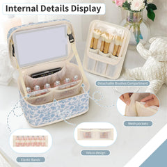 OCHEAL makeup bag LED mirror open with brushes organized for quick makeup.