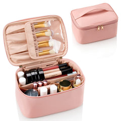 OCHEAL pink makeup bag with brush slot keeps brushes dust-free on the go.