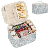 OCHEAL travel makeup bag front view with blue floral design for stylish organization