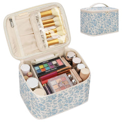 OCHEAL travel makeup bag front view with blue floral design for stylish organization
