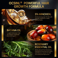 OCSINL Minoxidil with rosemary oil highlights natural scent and scalp nourishment.