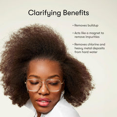 Odele Clarifying Shampoo pump bottle with water droplets suggests weekly deep-clean ritual