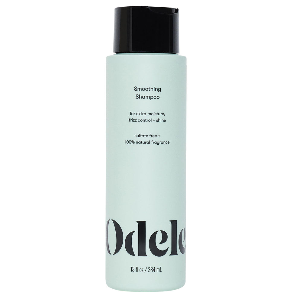 Odele smoothing shampoo bottle on counter showing sulfate-free cleansing for healthy shine