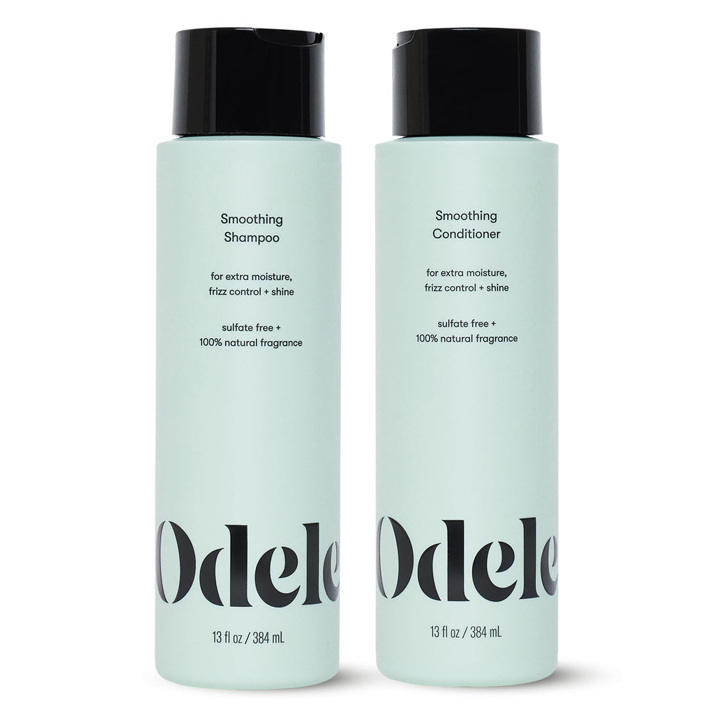 Odele Smoothing Shampoo and Conditioner bottles showcasing their sleek design.