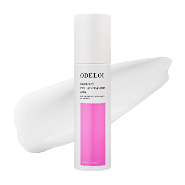 ODELOI Black Cherry Pore Tightening Cream bottle shows pore-fighting formula for smoother skin