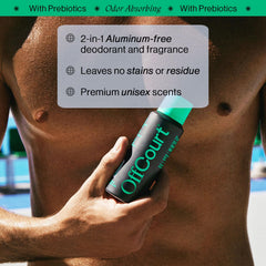 OffCourt spray mist-dispense captured mid-application for even coverage.