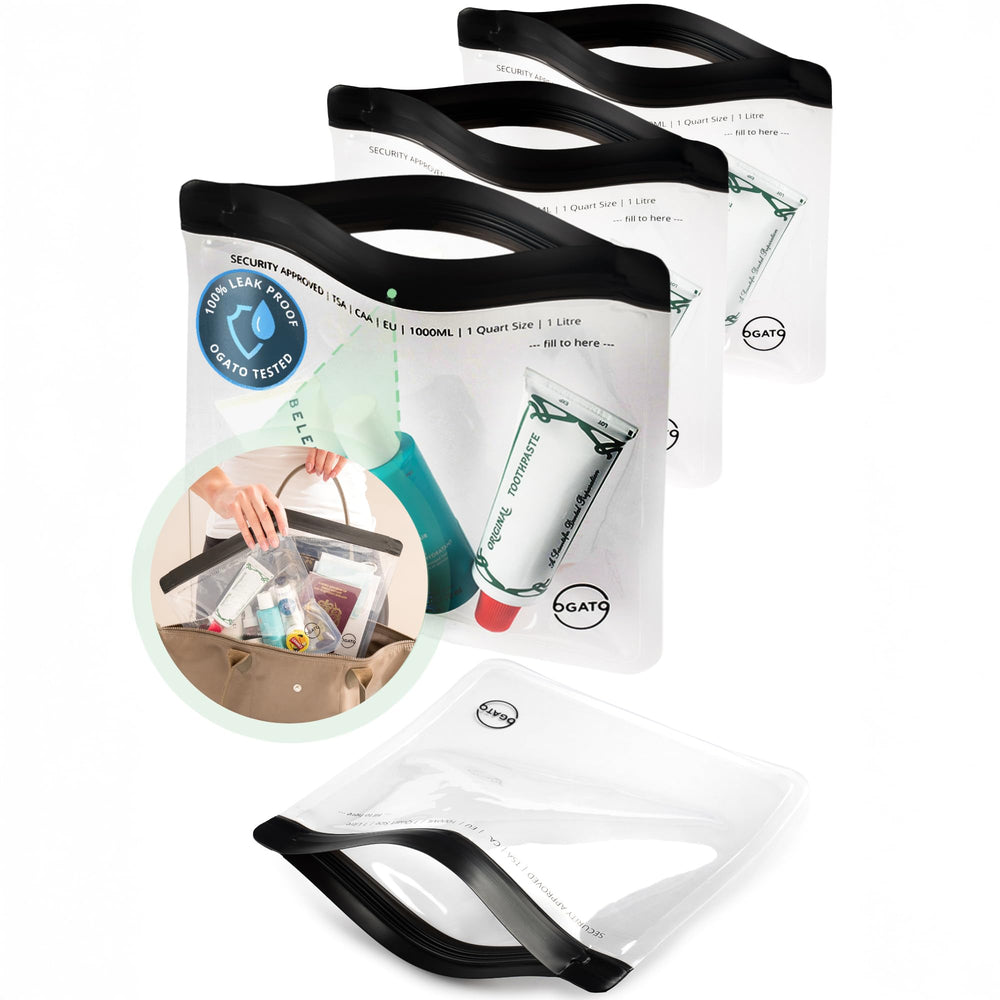 Ogato clear toiletry bag front view showing quart size for easy security checks