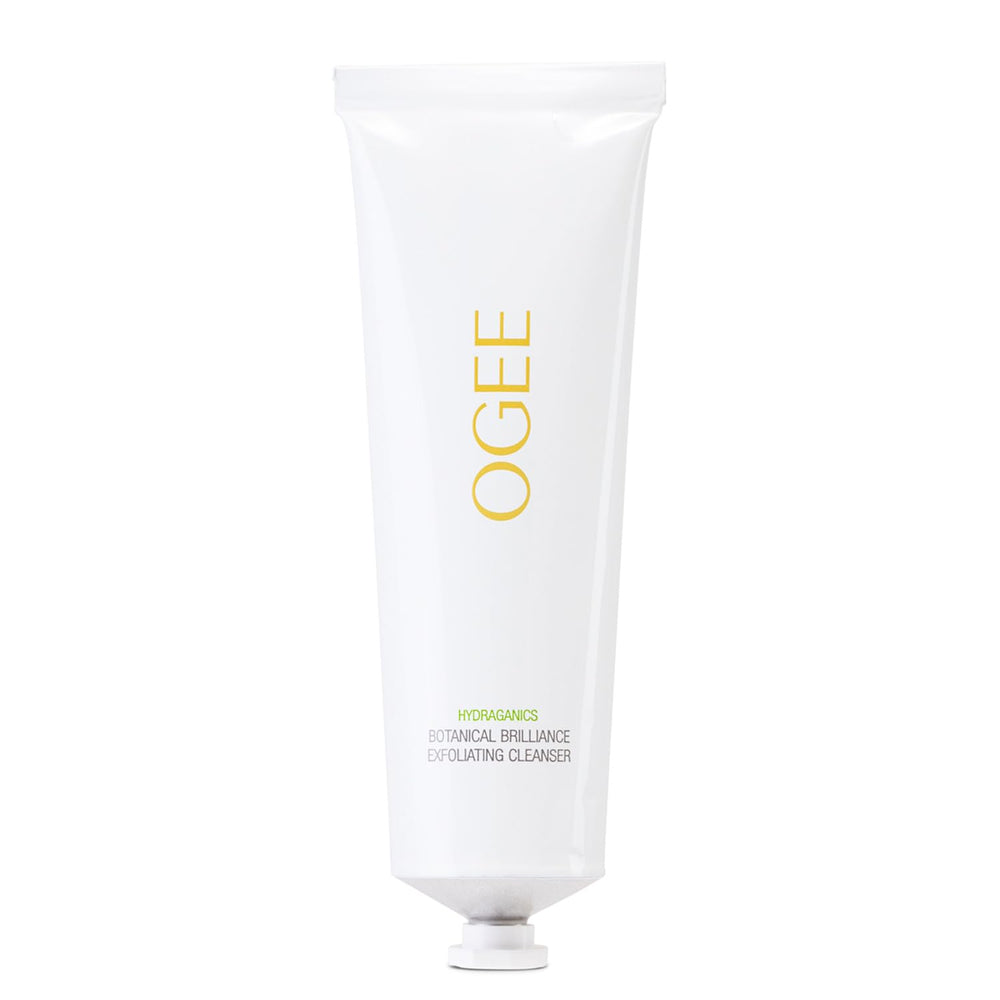 Ogee Botanical Brilliance Exfoliating Cleanser bottle closeup shows gentle exfoliation for glow.