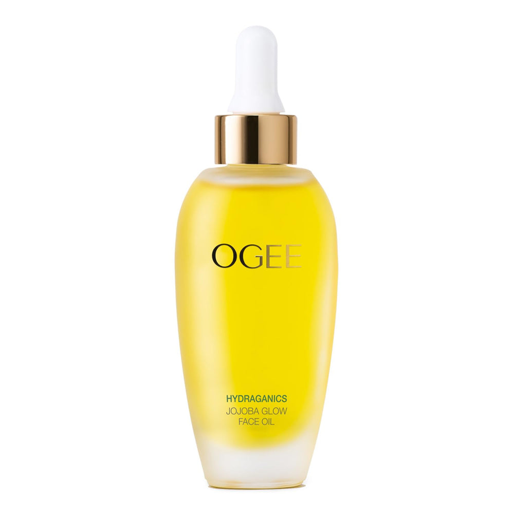 Ogee Jojoba Glow bottle closeup highlighting organic ingredients for hydration