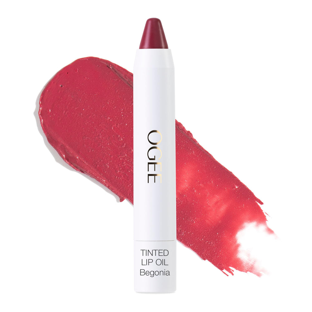 Ogee Tinted Sculpted Lip Oil Begonia tube closeup for subtle everyday color.