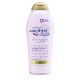 OGX Calming Amethyst Lavender bottle shows soothing exfoliation for calm skin.