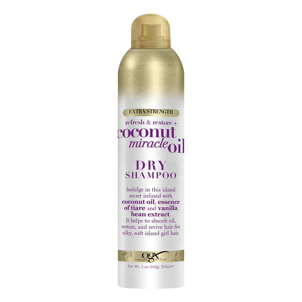 OGX extra-strength refresh restore dry shampoo bottle showing oil-absorbing action for fresh second-day hair