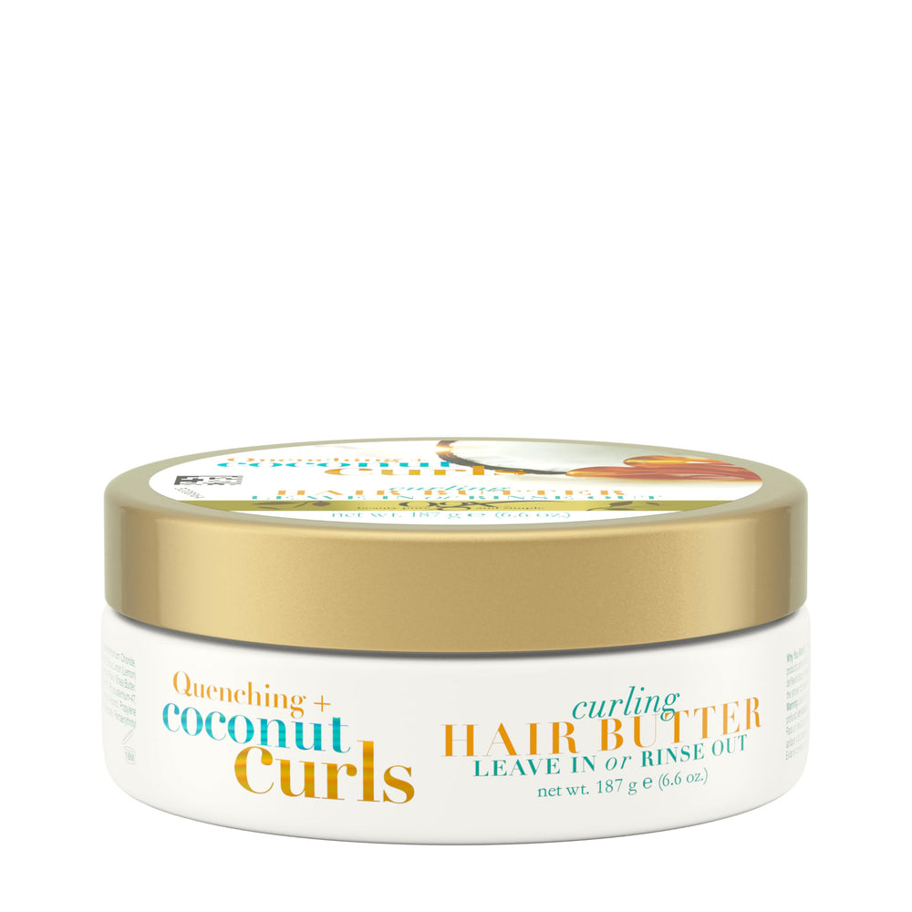 OGX Quenching Coconut Curls Butter jar showing defined, hydrated curls.