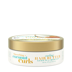 OGX Quenching Coconut Curls Butter jar showing defined, hydrated curls.