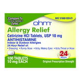 Ohm Cetirizine 10 mg bottle for all-day allergy relief and non-drowsy use.