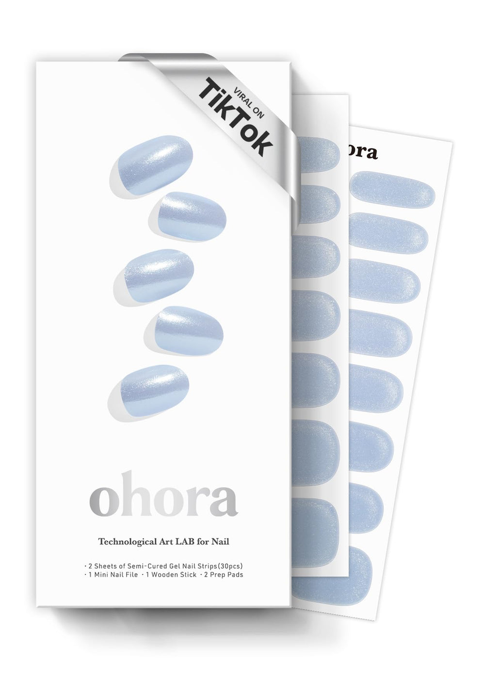 ohora N Light Blue Chrome wraps close-up showing a glossy chrome finish for salon-like nails.