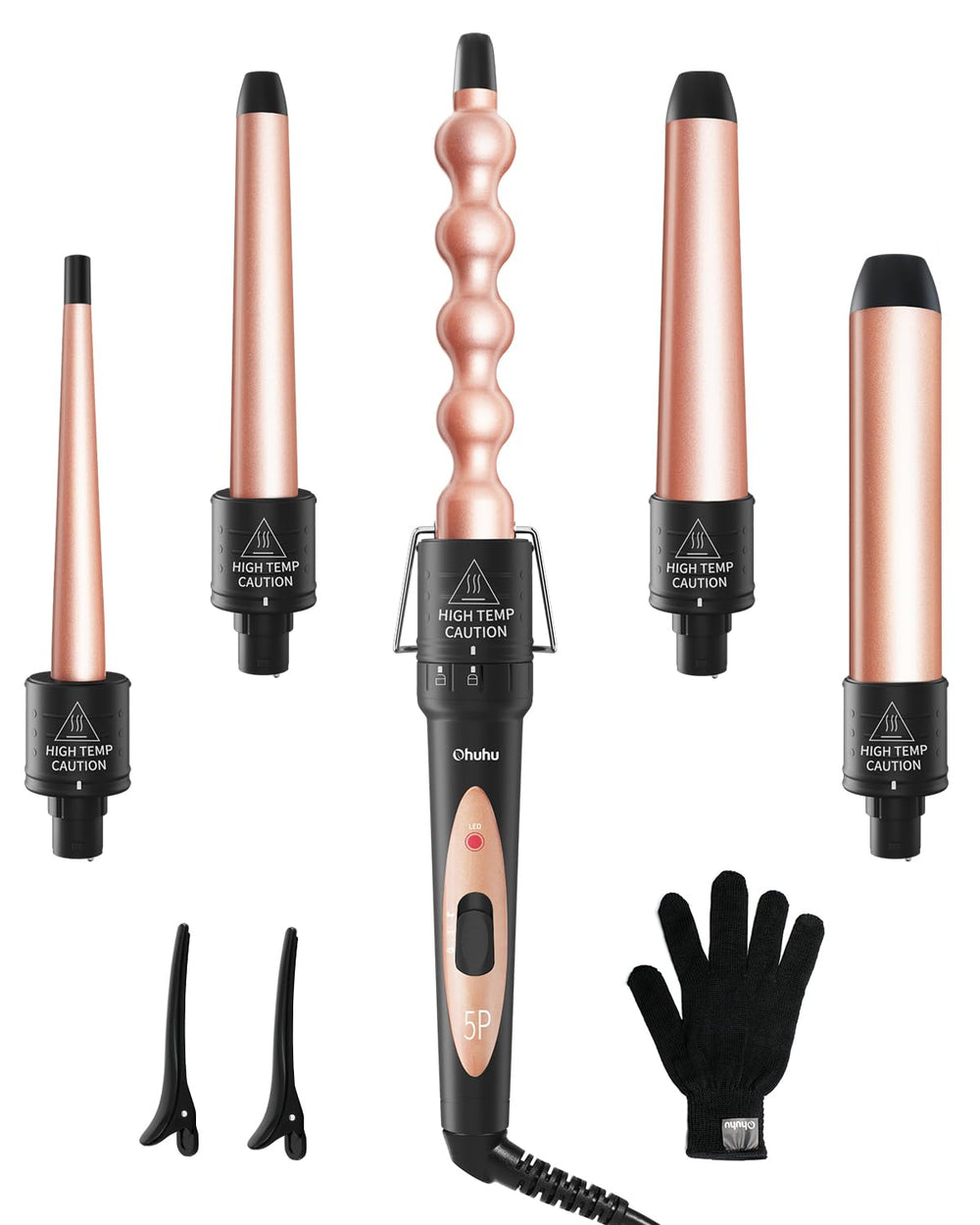 Ohuhu 5in1 curling wand with 0.35-0.7 inch barrel for tight curls and definition.