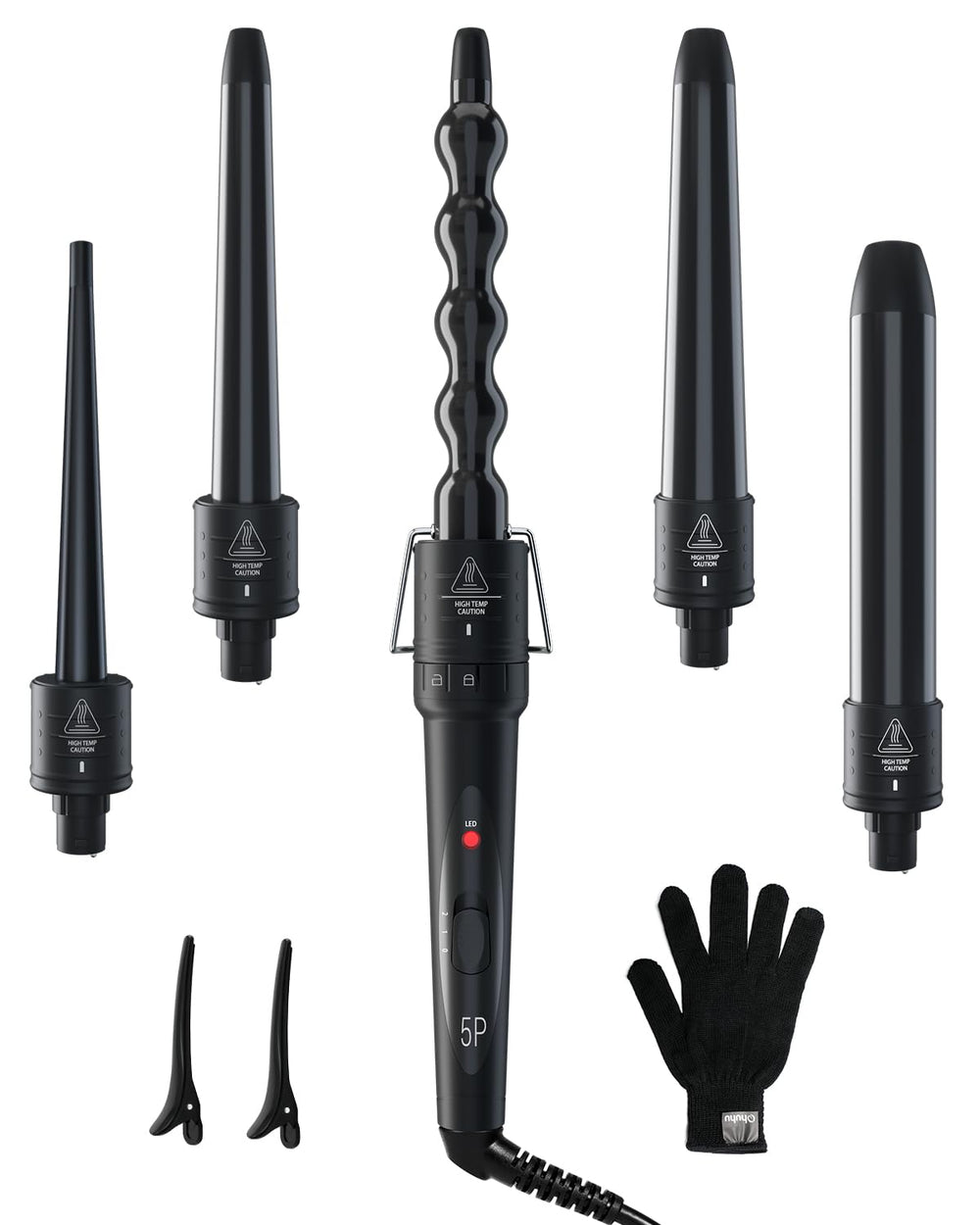 Ohuhu 5in1 curling wand set variety barrels demonstrate multiple curl sizes for versatile styling.