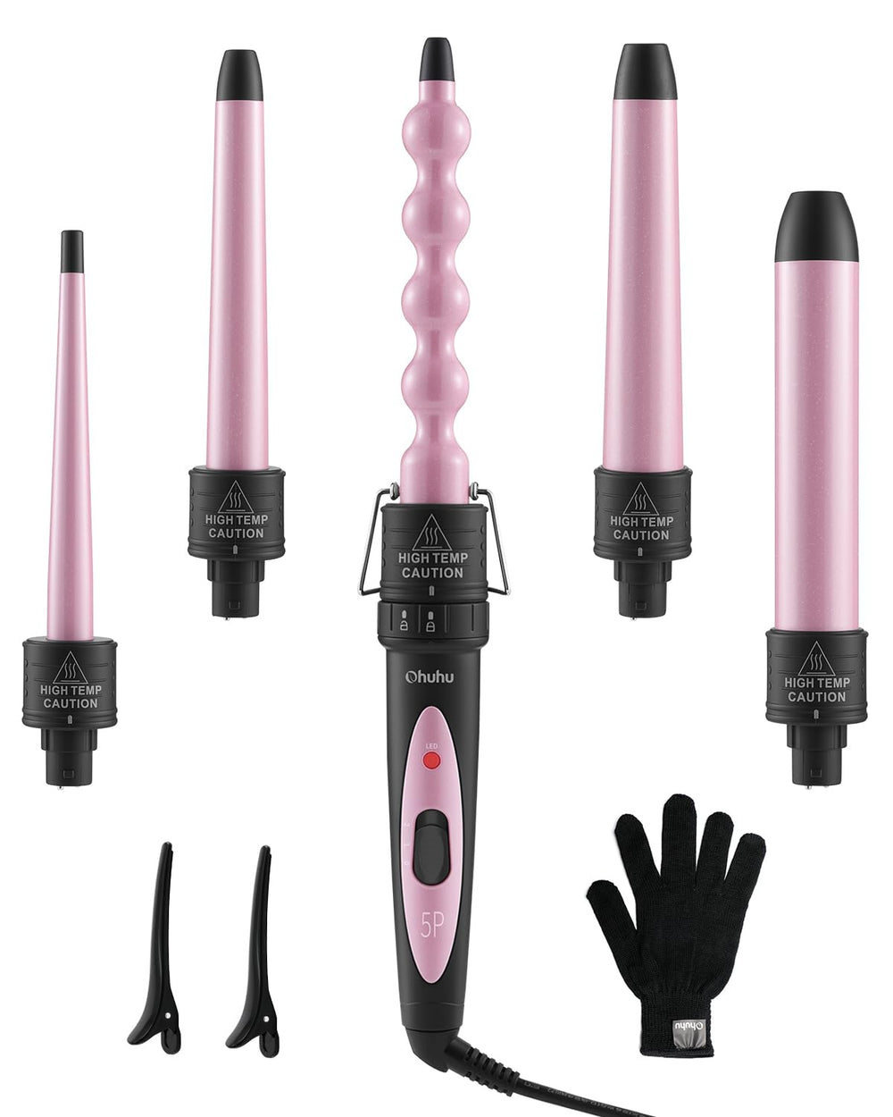 Ohuhu curling wand set closeup of ceramic barrels showing versatile 5-in-1 styling options.