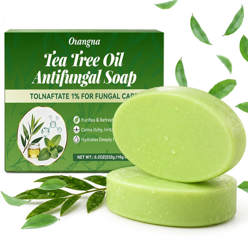 Oiangna front packaging showing two tea tree soap bars and clear labeling for quick identification and benefit