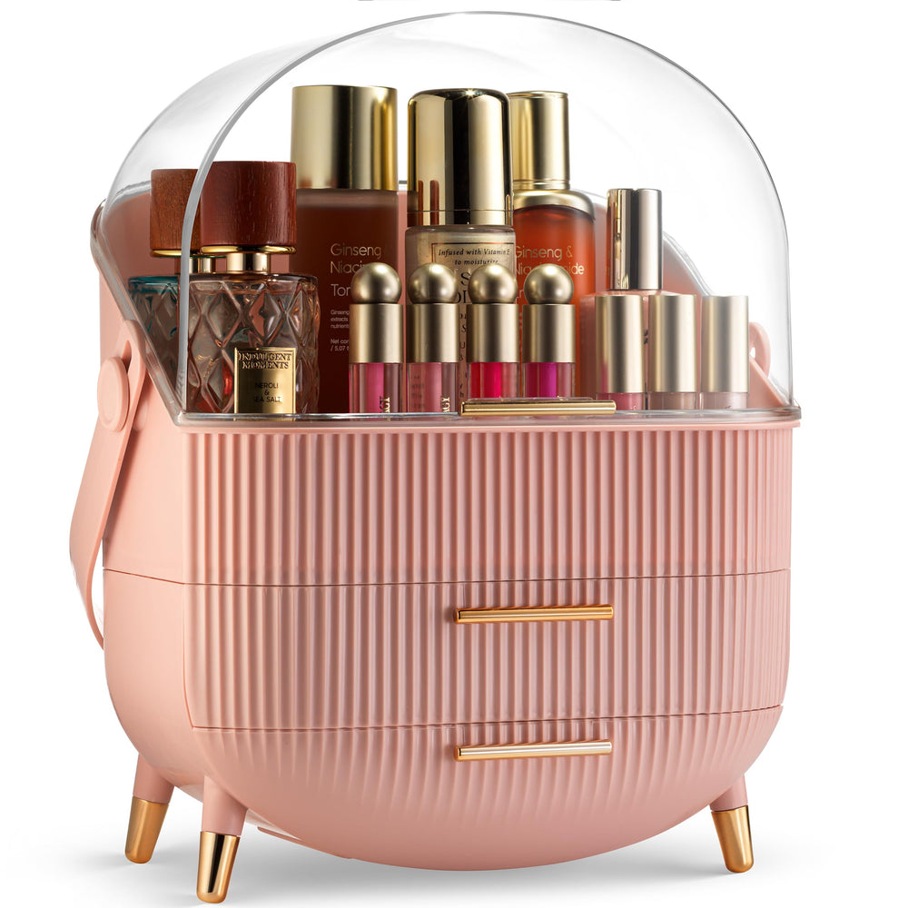 Oizeir Covered Makeup Countertop pink lid keeps cosmetics dust-free and visible