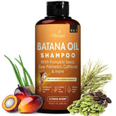 Okaga Batana Oil Shampoo bottle front with citrus scent for daily nourishing cleanse.