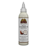 OKAY coconut oil bottle pour demonstrates versatile use for hair and skin care.