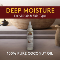OKAY coconut oil hair-care close-up highlights deep conditioning and shine.