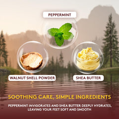OKAY Peppermint Foot Scrub applied to feet demonstrates refreshing peppermint oil and smoothing action