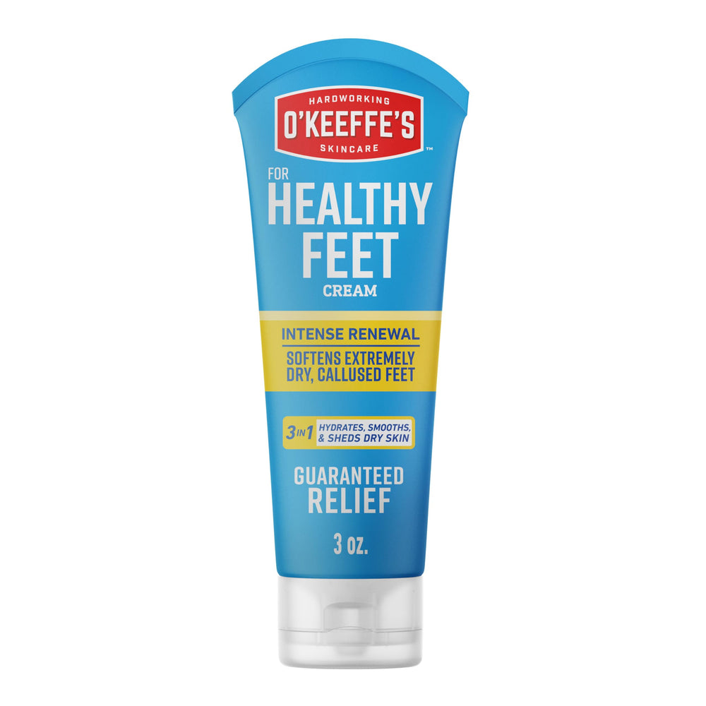 O'Keeffe's Healthy Feet Intense Renewal Cream tube front promotes on-the-go hydration.