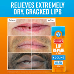 O'Keeffe's Lip Repair Cooling Relief packaging highlights peppermint cooling sensation.