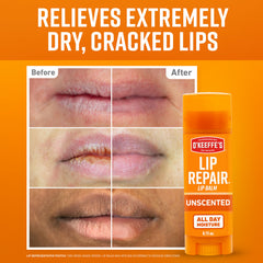 O'Keeffe's Lip Repair application close-up for quick relief of cracked lips.