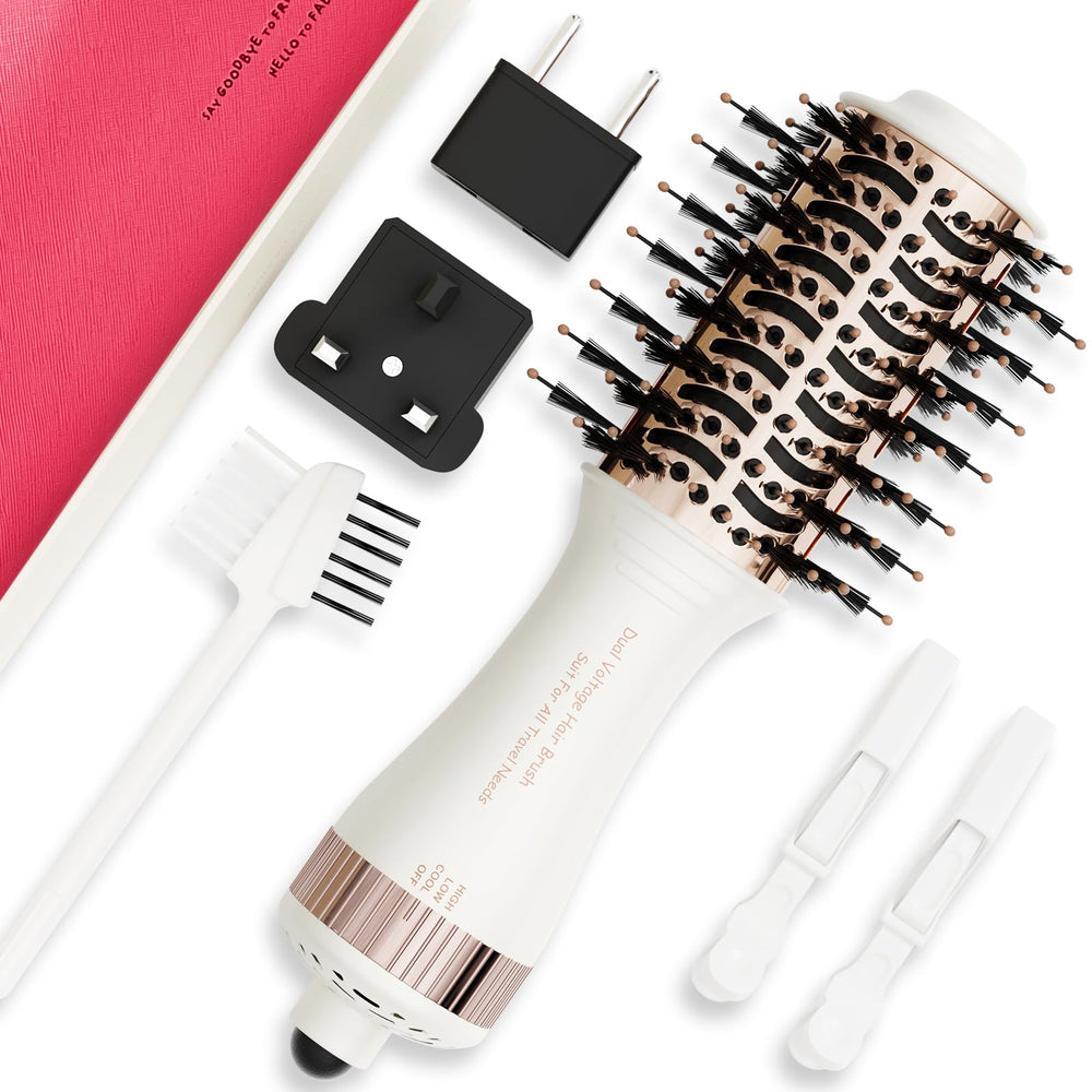 Olaermoso travel dual-voltage hair dryer brush shows worldwide styling capability for on-the-go mornings.