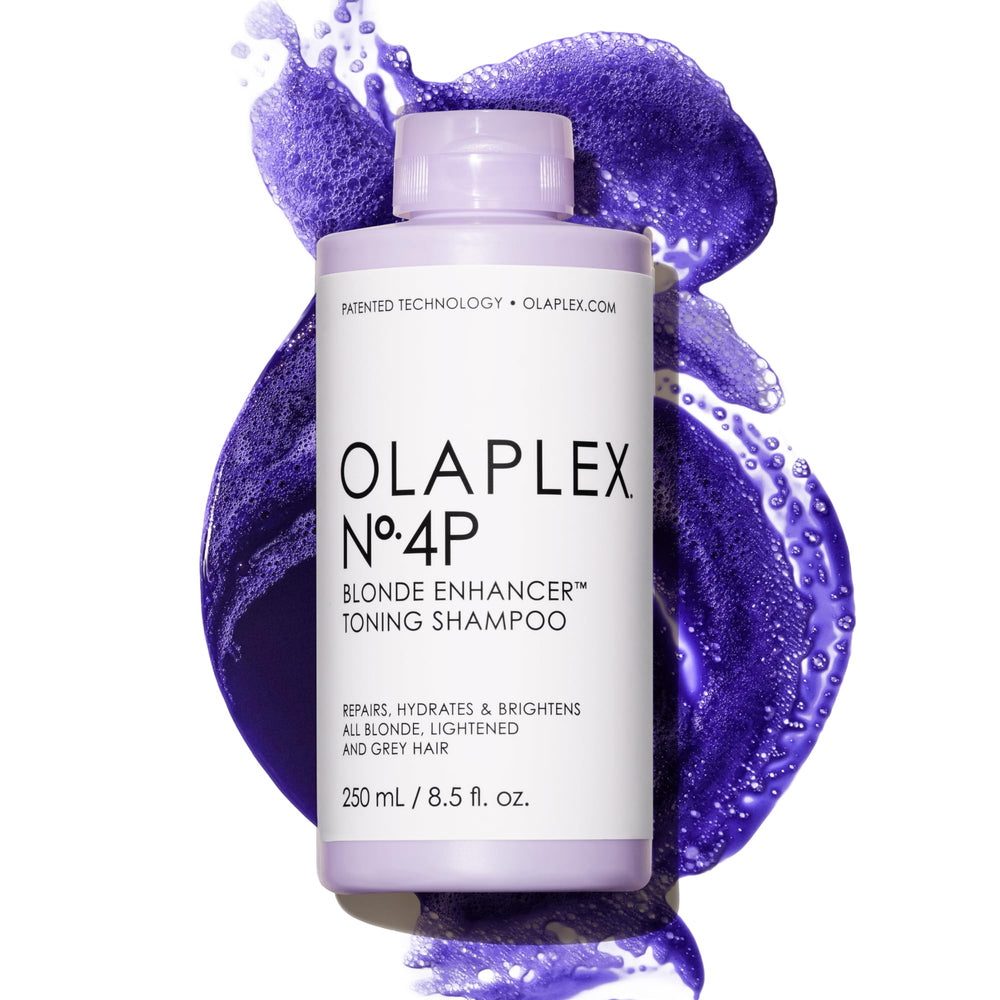 Olaplex 4P bottle demonstrates brass-neutralizing purple toning for blond hair.