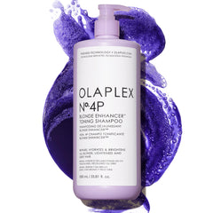 Olaplex Nº4P bottle pours purple shampoo to start brass neutralization and toning