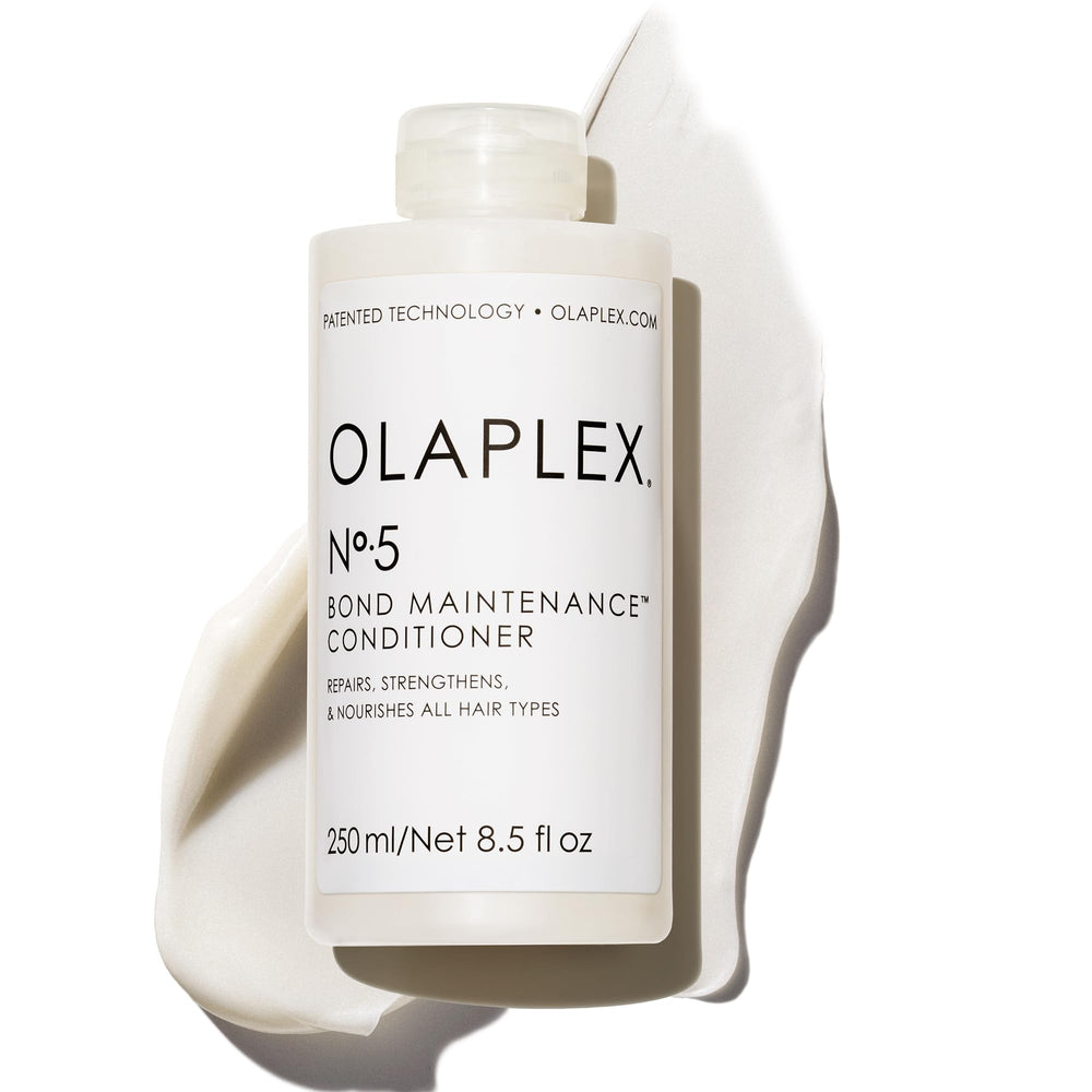Olaplex Nº5 bottle close-up highlighting bond maintenance formula for all hair types.