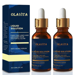 OLAVITA Liquid Solution Serum bottle closeup highlighting brightening formula for radiant skin