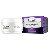 Olay anti-wrinkle firm and lift night cream jar shows nourishing overnight treatment