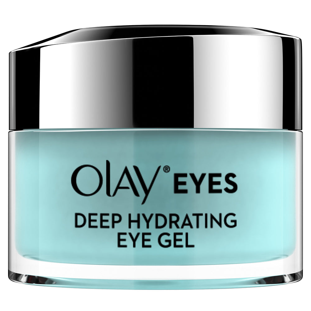 Olay Eyes Deep Hydrating Eye Gel tube closeup shows cooling hydration in action.