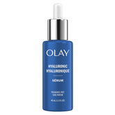Olay Hyaluronic Hydrating Serum bottle front showing fragrance-free hydration for daily use