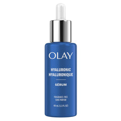 Olay Hyaluronic Hydrating Serum bottle front showing fragrance-free hydration for daily use