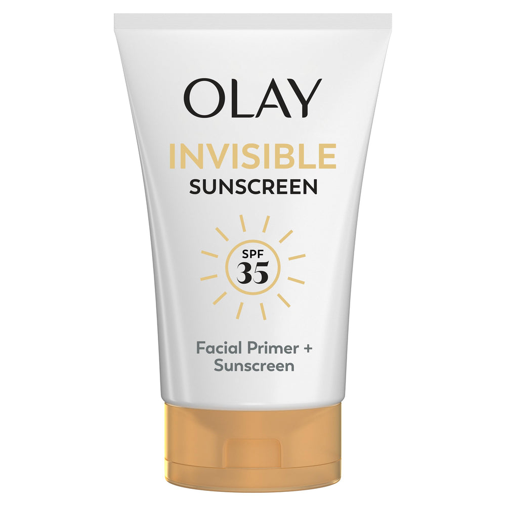 Olay Invisible Sunscreen SPF35 application closeup shows lightweight, invisible blend.