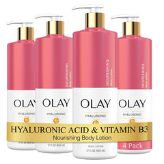 Olay Nourishing and Hydrating Body Lotion bottle pour demonstrates fast-absorb hydration