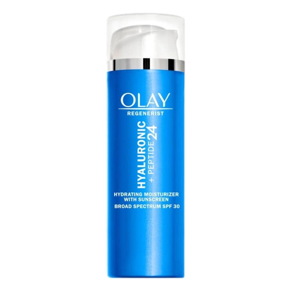 Olay Regenerist Hyaluronic + Peptide 24 moisturizer bottle provides lightweight hydration with SPF 30 sun protection.