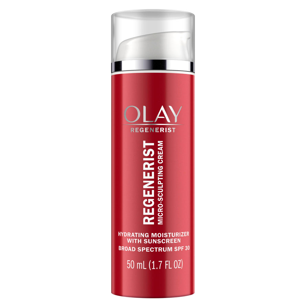 Olay Regenerist Micro-Sculpting Cream jar closeup shows rich hydration for a plump look