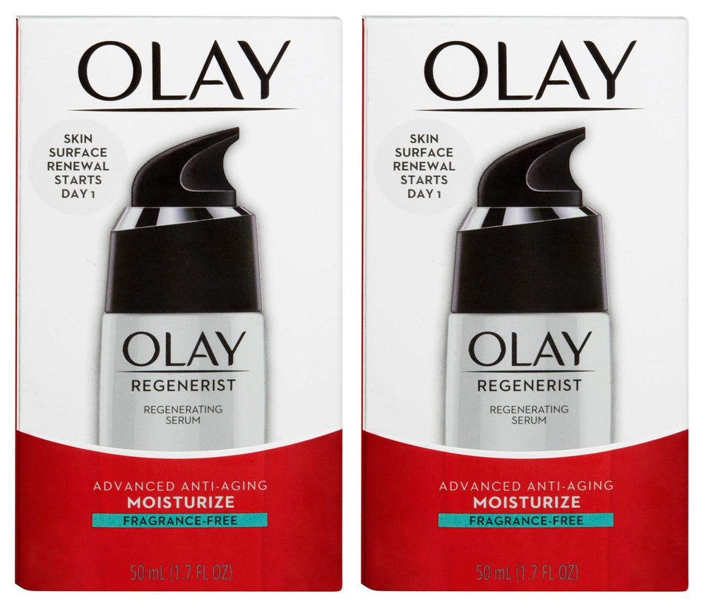 Olay Regenerist fragrance-free serum bottle 2-pack delivers deep hydration for firmer-looking skin.
