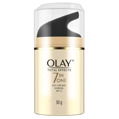 Olay Total Effects 7-in-1 Day Cream SPF 15 tube front shows daily hydration and sun protection.