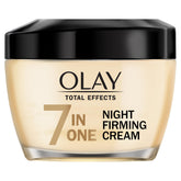 Olay Total Effects Night Firming Cream jar closeup shows lightweight texture for overnight hydration.