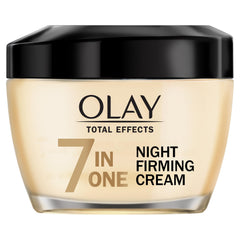 Olay Total Effects Night Firming Cream jar closeup shows lightweight texture for overnight hydration.